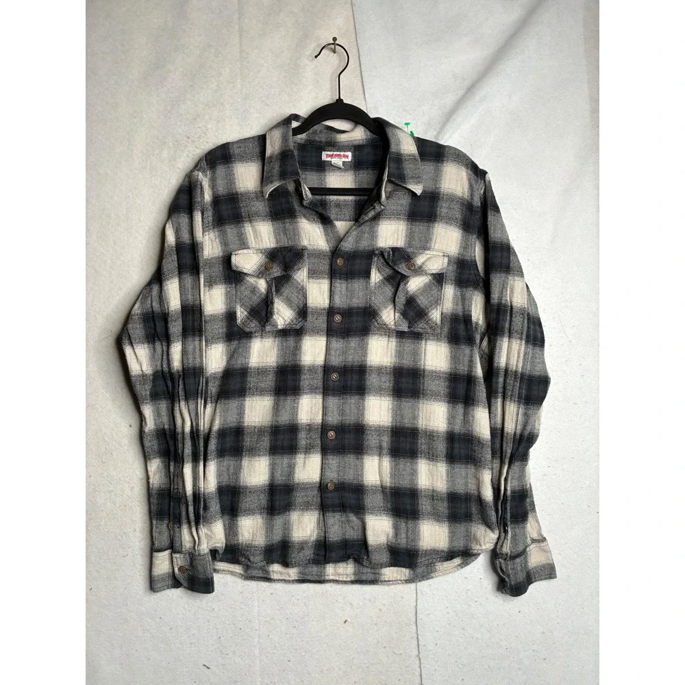 True Religion Mens Flannel Shirt Large‎ Black Cream Plaid Herringbone Cotton L/S